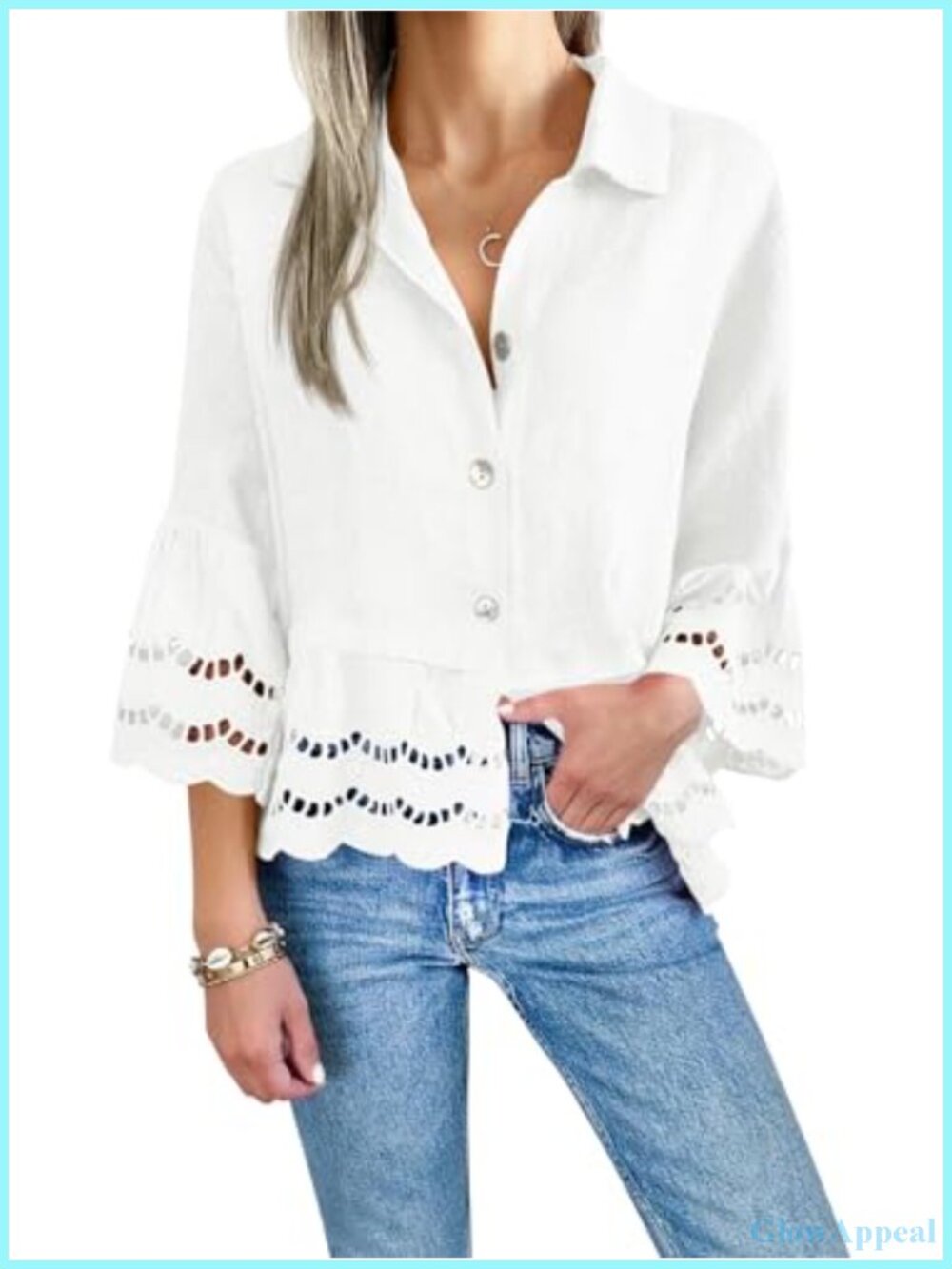 Women's 3/4 Bell Sleeve Button Down Shirt Casual Top Eyelet Hollow Out Blouse